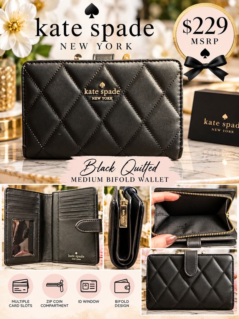 Kate Spade $229 Black Quilted Medium Bifold Wallet